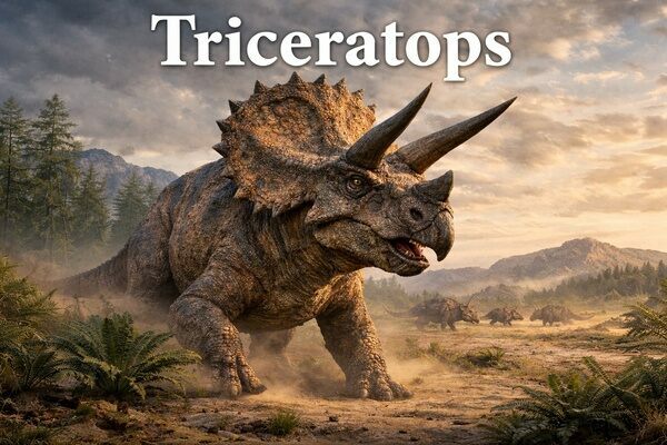 Triceratops was a massive, three-horned giant of the Late Cretaceous, whose towering frill, powerful horns, and beak-lined jaws made it both one of the most formidable herbivores—and one of the most iconic dinosaurs—to ever walk the Earth.